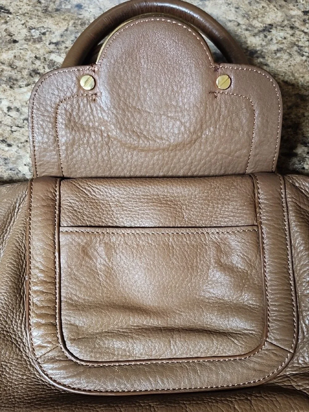 Tory Burch Amanda Brown Leather Satchel Handbag with Gold Logo Accent